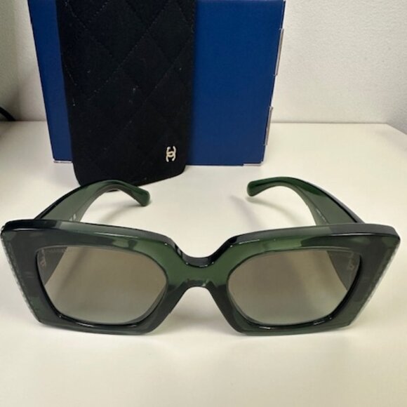 Chanel Square Frame Sunglasses with Pearls Dark Green Shades - Picture 8 of 9